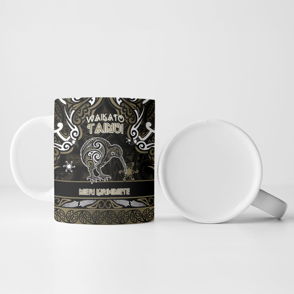 Personalised Waikato Tainui Aotearoa Meri Kirihimete Ceramic Mug Maori Kiwi Bird Silver Fern Koru Pattern