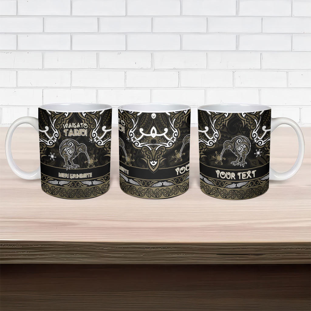 Personalised Waikato Tainui Aotearoa Meri Kirihimete Ceramic Mug Maori Kiwi Bird Silver Fern Koru Pattern
