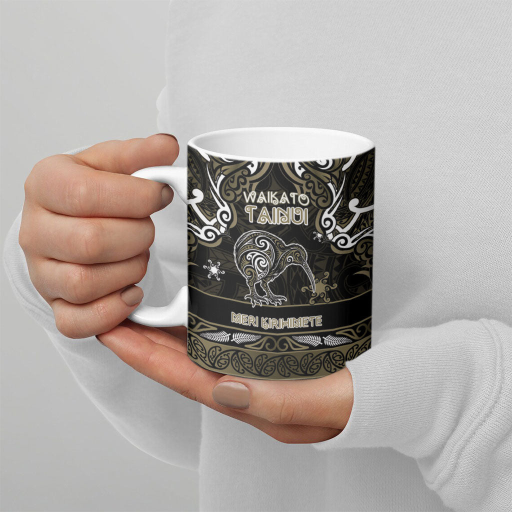 Personalised Waikato Tainui Aotearoa Meri Kirihimete Ceramic Mug Maori Kiwi Bird Silver Fern Koru Pattern