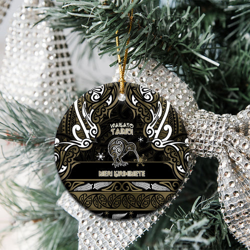 Personalised Waikato Tainui Aotearoa Meri Kirihimete Ceramic Ornament Maori Kiwi Bird Silver Fern Koru Pattern