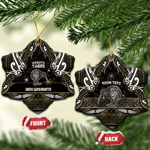 Personalised Waikato Tainui Aotearoa Meri Kirihimete Ceramic Ornament Maori Kiwi Bird Silver Fern Koru Pattern