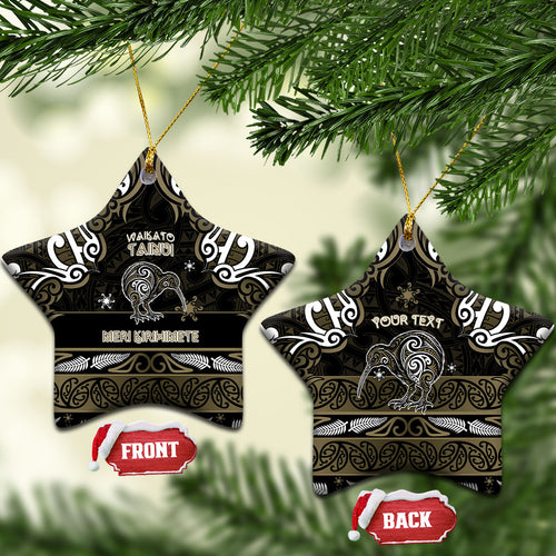 Personalised Waikato Tainui Aotearoa Meri Kirihimete Ceramic Ornament Maori Kiwi Bird Silver Fern Koru Pattern