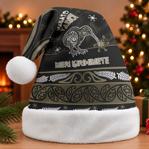 Personalised Waikato Tainui Aotearoa Meri Kirihimete Christmas Santa Hat Maori Kiwi Bird Silver Fern Koru Pattern