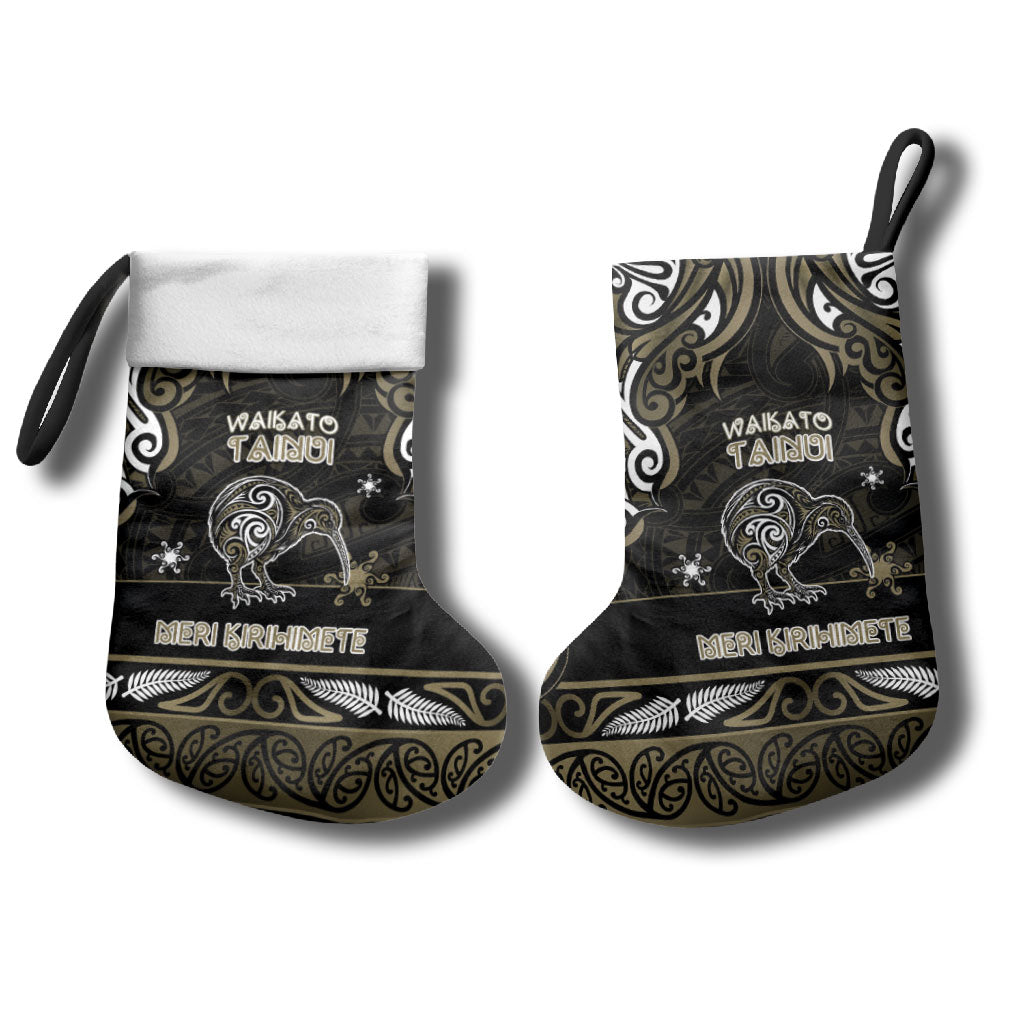 Personalised Waikato Tainui Aotearoa Meri Kirihimete Christmas Stocking Maori Kiwi Bird Silver Fern Koru Pattern
