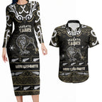Personalised Waikato Tainui Aotearoa Meri Kirihimete Couples Matching Long Sleeve Bodycon Dress and Hawaiian Shirt Maori Kiwi Bird Silver Fern Koru Pattern