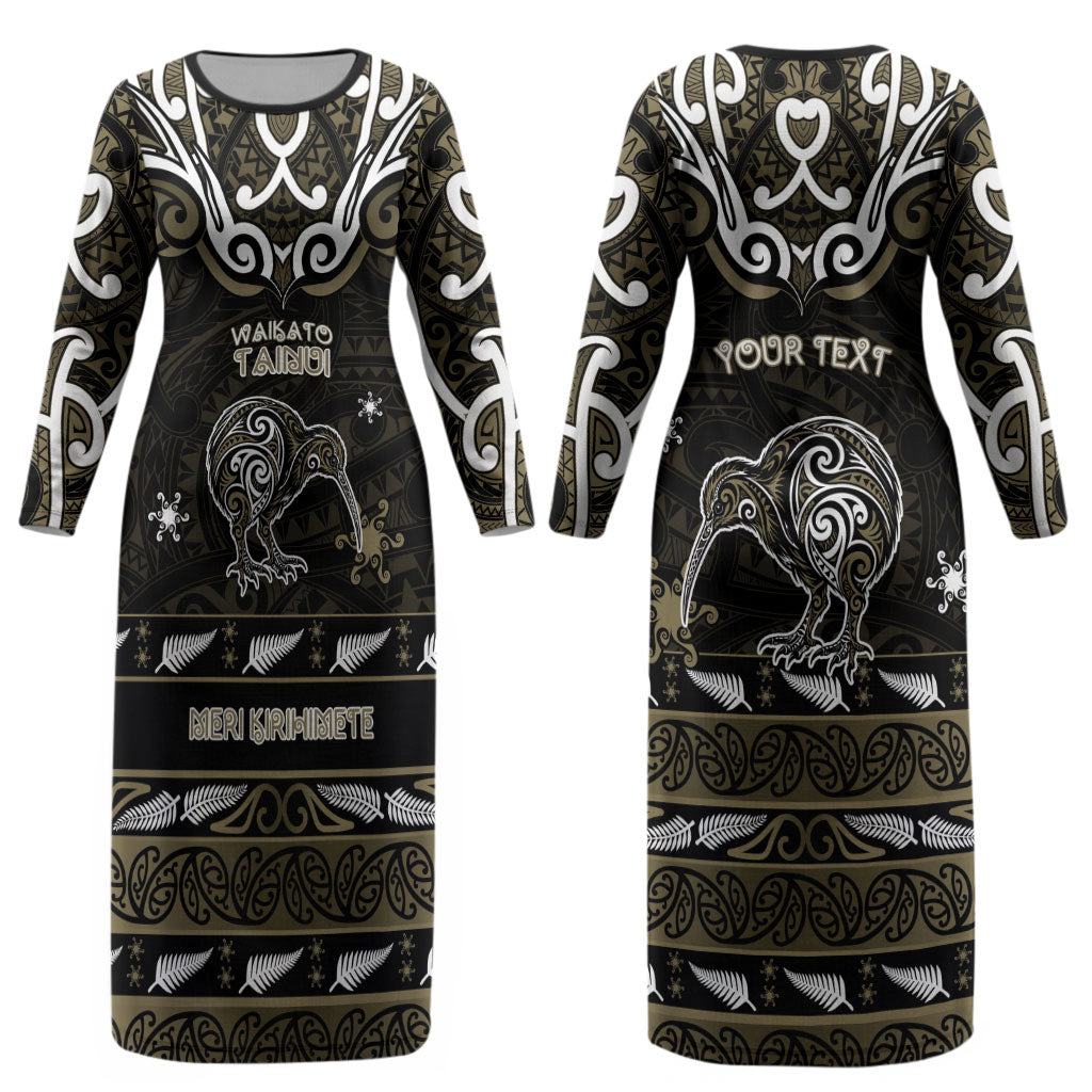 Personalised Waikato Tainui Aotearoa Meri Kirihimete Couples Matching Long Sleeve Bodycon Dress and Hawaiian Shirt Maori Kiwi Bird Silver Fern Koru Pattern
