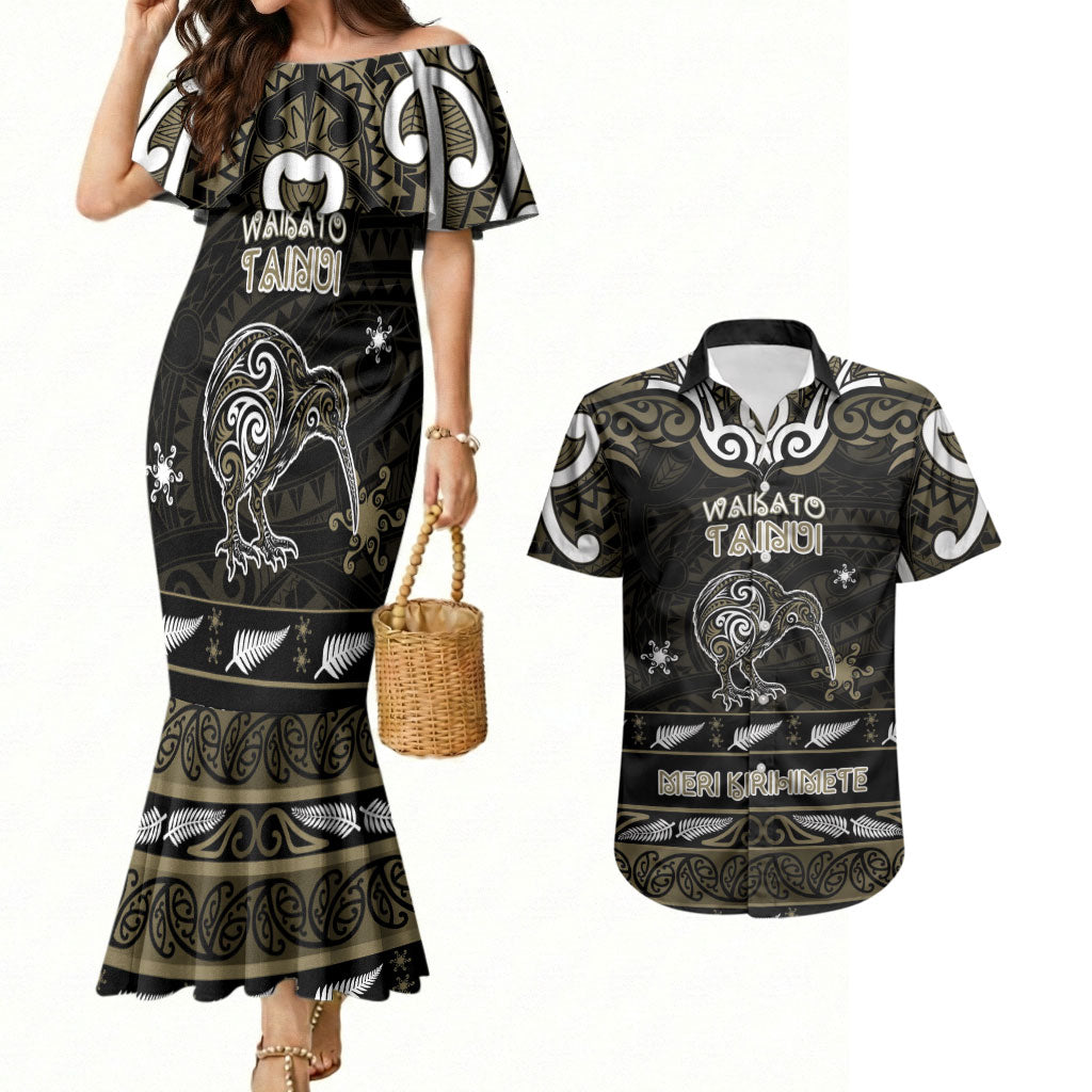 Personalised Waikato Tainui Aotearoa Meri Kirihimete Couples Matching Mermaid Dress and Hawaiian Shirt Maori Kiwi Bird Silver Fern Koru Pattern