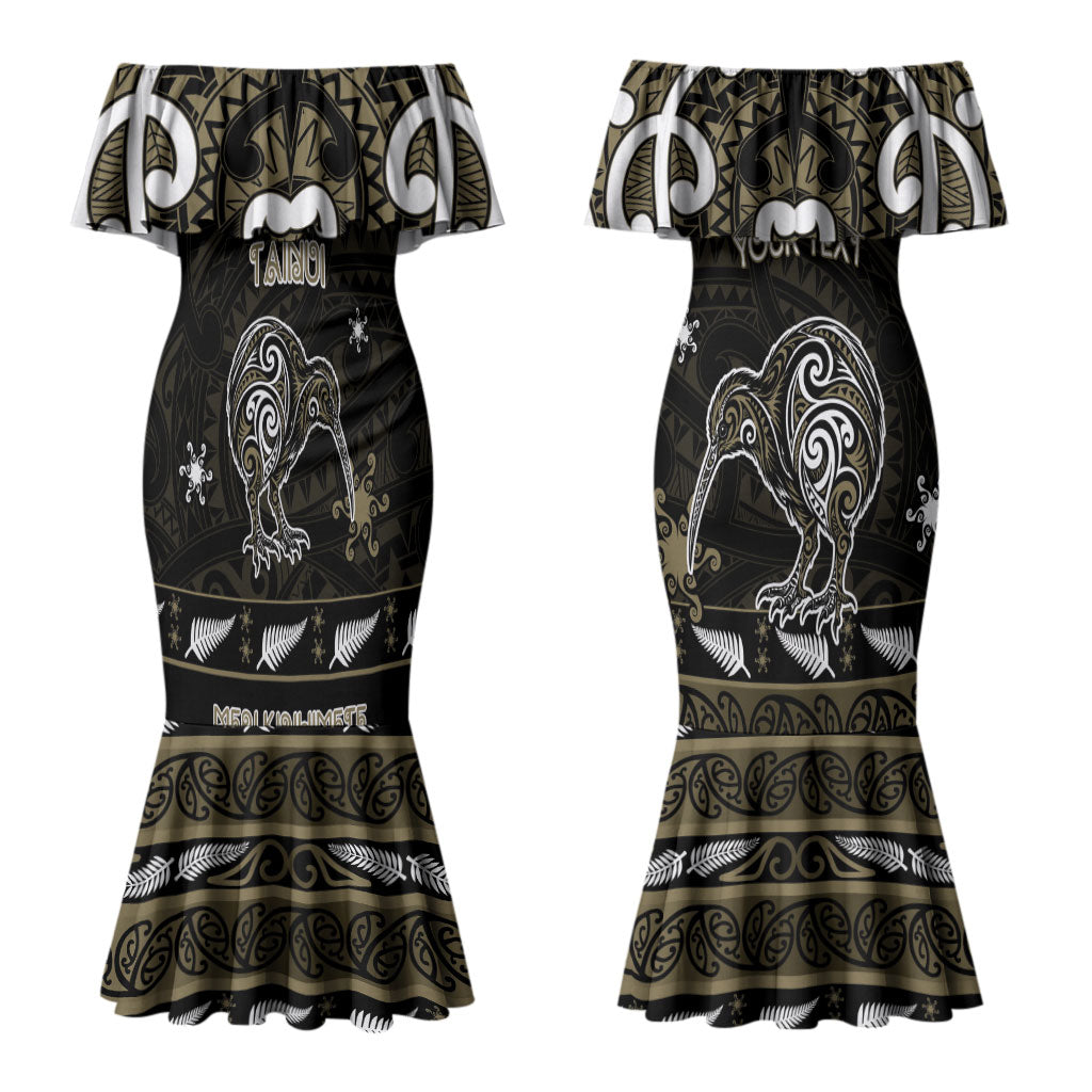 Personalised Waikato Tainui Aotearoa Meri Kirihimete Couples Matching Mermaid Dress and Hawaiian Shirt Maori Kiwi Bird Silver Fern Koru Pattern