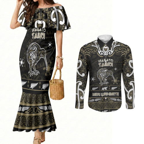 Personalised Waikato Tainui Aotearoa Meri Kirihimete Couples Matching Mermaid Dress and Long Sleeve Button Shirt Maori Kiwi Bird Silver Fern Koru Pattern