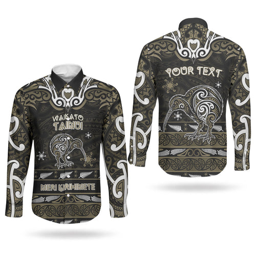 Personalised Waikato Tainui Aotearoa Meri Kirihimete Couples Matching Mermaid Dress and Long Sleeve Button Shirt Maori Kiwi Bird Silver Fern Koru Pattern