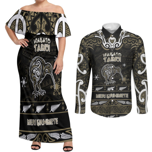 Personalised Waikato Tainui Aotearoa Meri Kirihimete Couples Matching Off Shoulder Maxi Dress and Long Sleeve Button Shirt Maori Kiwi Bird Silver Fern Koru Pattern
