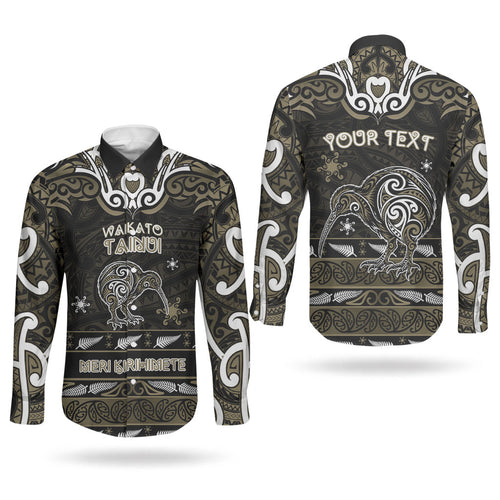 Personalised Waikato Tainui Aotearoa Meri Kirihimete Couples Matching Off Shoulder Maxi Dress and Long Sleeve Button Shirt Maori Kiwi Bird Silver Fern Koru Pattern