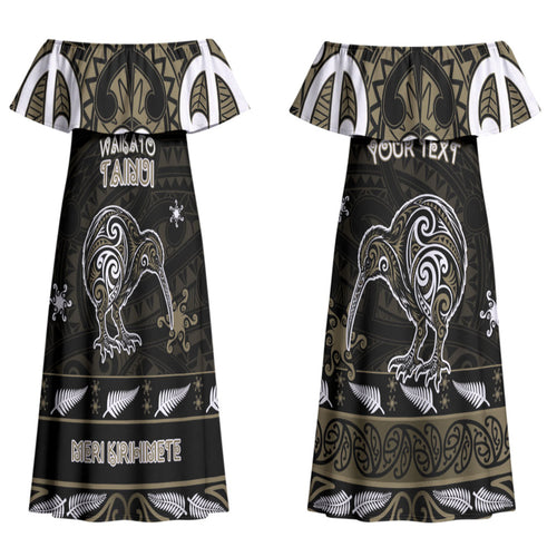 Personalised Waikato Tainui Aotearoa Meri Kirihimete Couples Matching Off Shoulder Maxi Dress and Long Sleeve Button Shirt Maori Kiwi Bird Silver Fern Koru Pattern