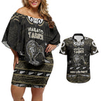Personalised Waikato Tainui Aotearoa Meri Kirihimete Couples Matching Off Shoulder Short Dress and Hawaiian Shirt Maori Kiwi Bird Silver Fern Koru Pattern