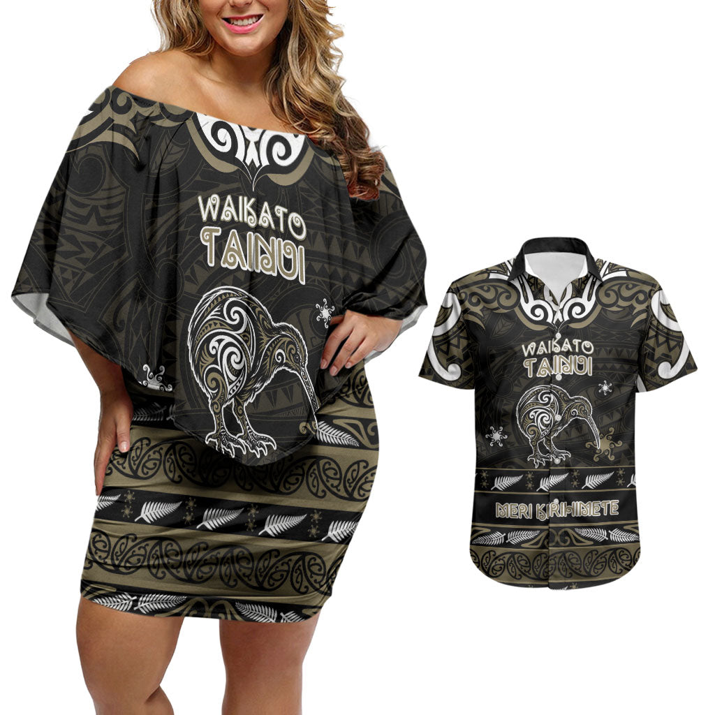 Personalised Waikato Tainui Aotearoa Meri Kirihimete Couples Matching Off Shoulder Short Dress and Hawaiian Shirt Maori Kiwi Bird Silver Fern Koru Pattern