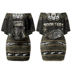 Personalised Waikato Tainui Aotearoa Meri Kirihimete Couples Matching Off Shoulder Short Dress and Hawaiian Shirt Maori Kiwi Bird Silver Fern Koru Pattern