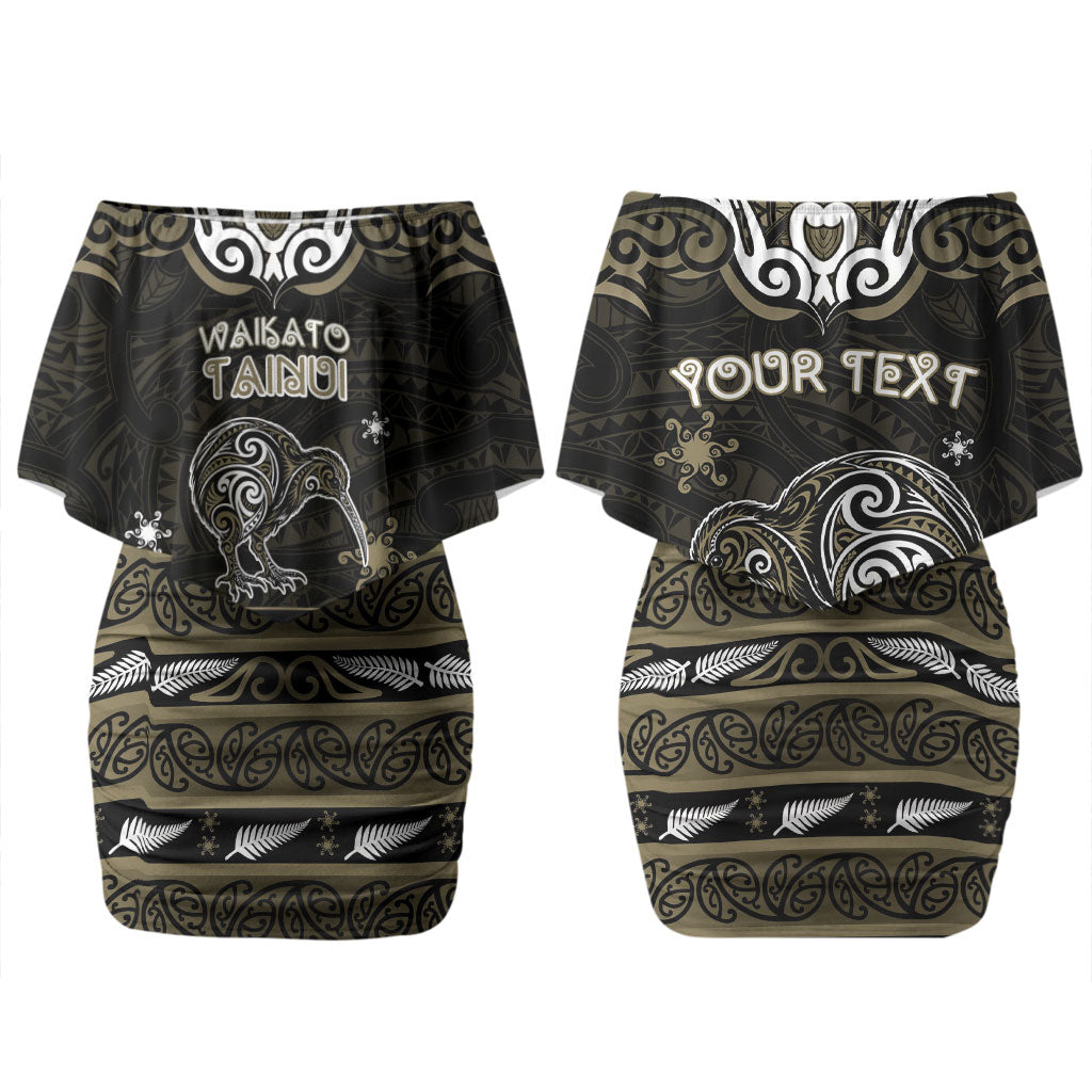 Personalised Waikato Tainui Aotearoa Meri Kirihimete Couples Matching Off Shoulder Short Dress and Hawaiian Shirt Maori Kiwi Bird Silver Fern Koru Pattern