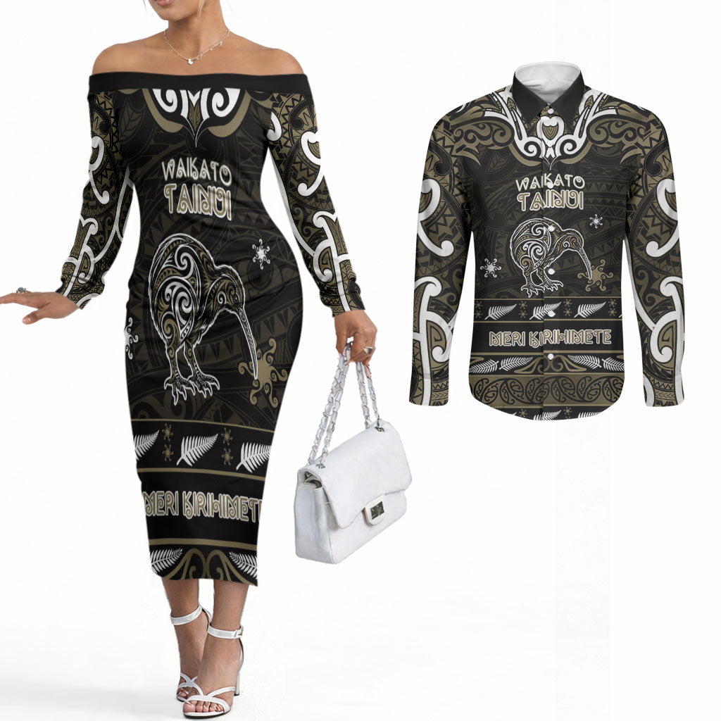 Personalised Waikato Tainui Aotearoa Meri Kirihimete Couples Matching Off The Shoulder Long Sleeve Dress and Long Sleeve Button Shirt Maori Kiwi Bird Silver Fern Koru Pattern