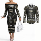 Personalised Waikato Tainui Aotearoa Meri Kirihimete Couples Matching Off The Shoulder Long Sleeve Dress and Long Sleeve Button Shirt Maori Kiwi Bird Silver Fern Koru Pattern