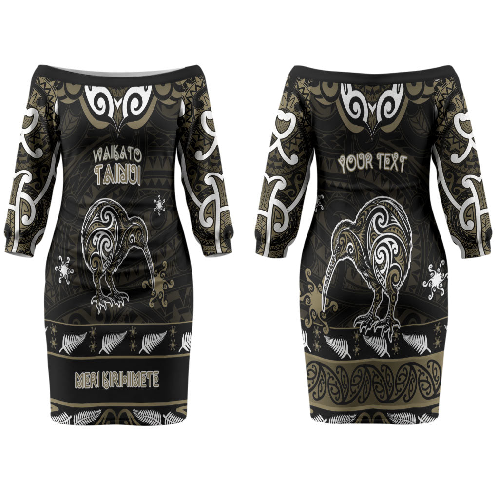 Personalised Waikato Tainui Aotearoa Meri Kirihimete Couples Matching Off The Shoulder Long Sleeve Dress and Long Sleeve Button Shirt Maori Kiwi Bird Silver Fern Koru Pattern