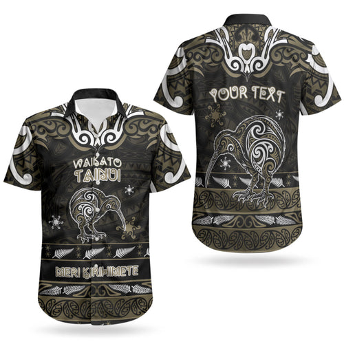 Personalised Waikato Tainui Aotearoa Meri Kirihimete Couples Matching Puletasi and Hawaiian Shirt Maori Kiwi Bird Silver Fern Koru Pattern