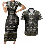 Personalised Waikato Tainui Aotearoa Meri Kirihimete Couples Matching Short Sleeve Bodycon Dress and Hawaiian Shirt Maori Kiwi Bird Silver Fern Koru Pattern