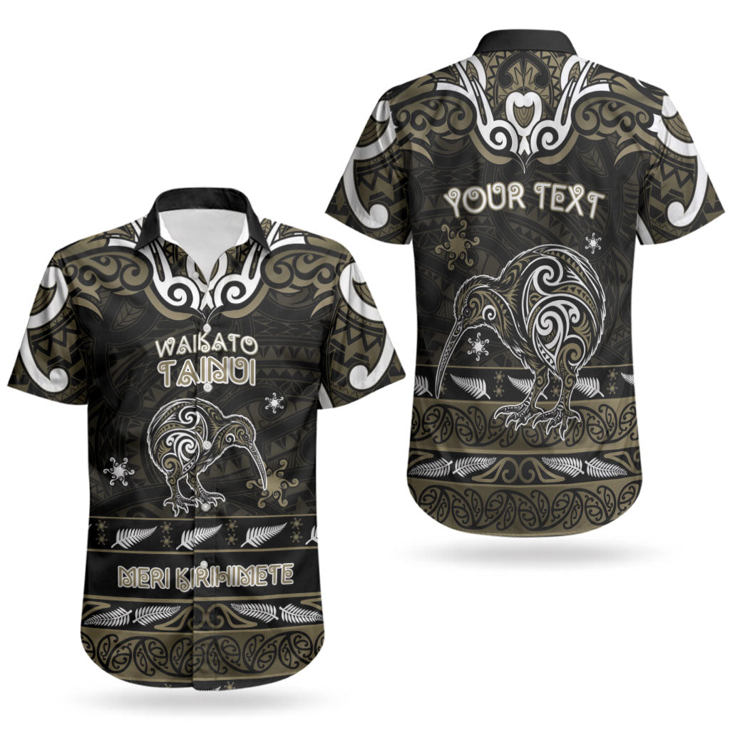 Personalised Waikato Tainui Aotearoa Meri Kirihimete Couples Matching Short Sleeve Bodycon Dress and Hawaiian Shirt Maori Kiwi Bird Silver Fern Koru Pattern