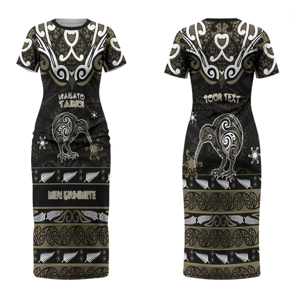 Personalised Waikato Tainui Aotearoa Meri Kirihimete Couples Matching Short Sleeve Bodycon Dress and Hawaiian Shirt Maori Kiwi Bird Silver Fern Koru Pattern