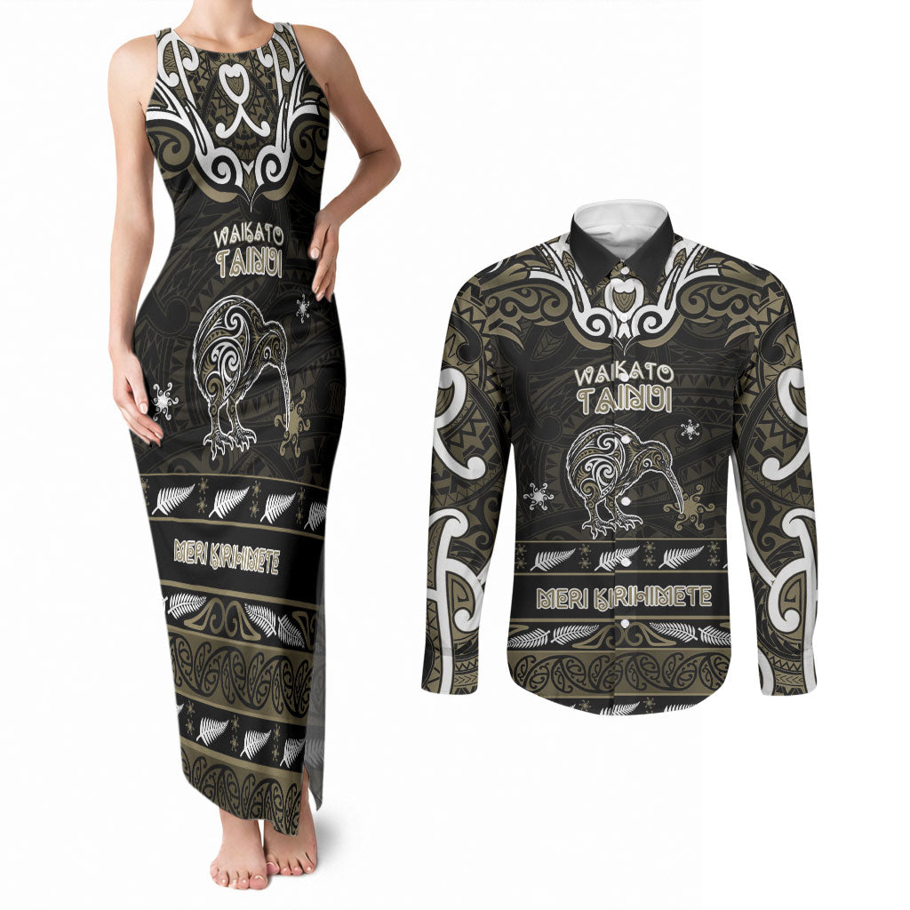 Personalised Waikato Tainui Aotearoa Meri Kirihimete Couples Matching Tank Maxi Dress and Long Sleeve Button Shirt Maori Kiwi Bird Silver Fern Koru Pattern