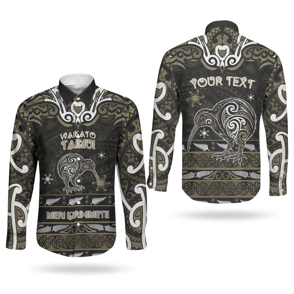 Personalised Waikato Tainui Aotearoa Meri Kirihimete Couples Matching Tank Maxi Dress and Long Sleeve Button Shirt Maori Kiwi Bird Silver Fern Koru Pattern
