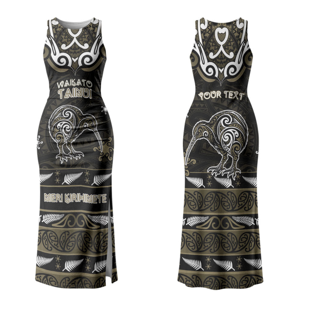 Personalised Waikato Tainui Aotearoa Meri Kirihimete Couples Matching Tank Maxi Dress and Long Sleeve Button Shirt Maori Kiwi Bird Silver Fern Koru Pattern