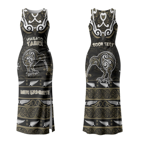 Personalised Waikato Tainui Aotearoa Meri Kirihimete Couples Matching Tank Maxi Dress and Long Sleeve Button Shirt Maori Kiwi Bird Silver Fern Koru Pattern