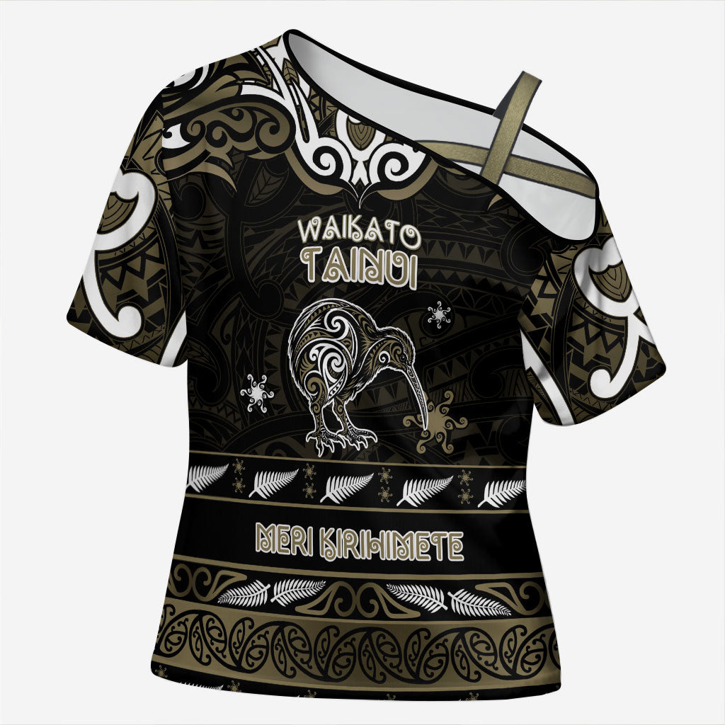 Personalised Waikato Tainui Aotearoa Meri Kirihimete Cross Shoulder Shirt Maori Kiwi Bird Silver Fern Koru Pattern