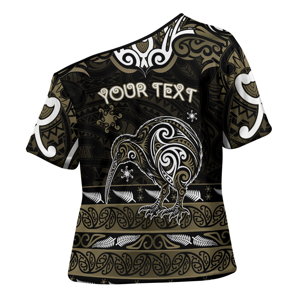 Personalised Waikato Tainui Aotearoa Meri Kirihimete Cross Shoulder Shirt Maori Kiwi Bird Silver Fern Koru Pattern