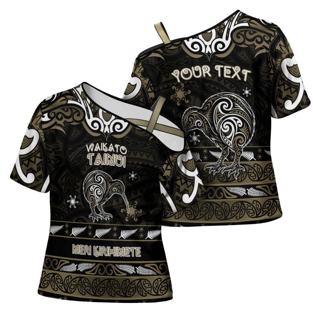 Personalised Waikato Tainui Aotearoa Meri Kirihimete Cross Shoulder Shirt Maori Kiwi Bird Silver Fern Koru Pattern