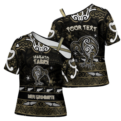 Personalised Waikato Tainui Aotearoa Meri Kirihimete Cross Shoulder Shirt Maori Kiwi Bird Silver Fern Koru Pattern