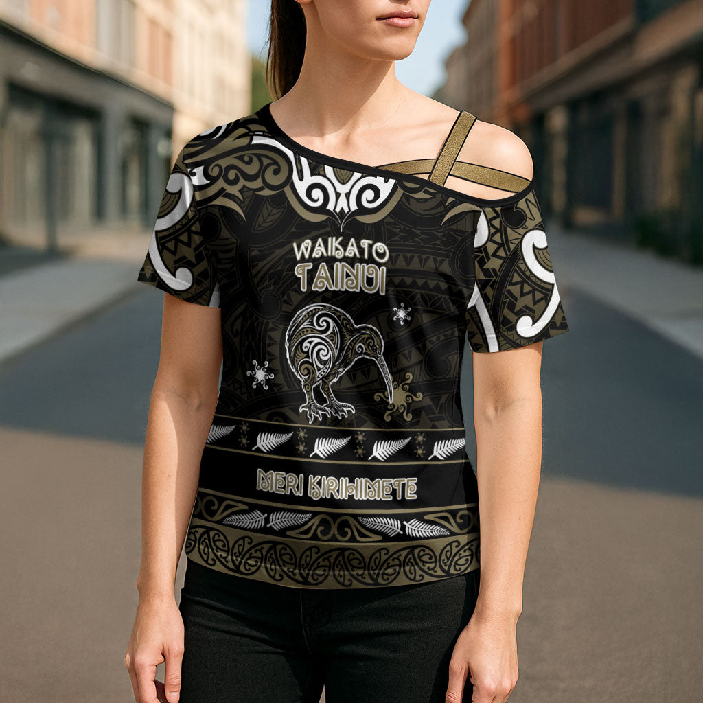 Personalised Waikato Tainui Aotearoa Meri Kirihimete Cross Shoulder Shirt Maori Kiwi Bird Silver Fern Koru Pattern