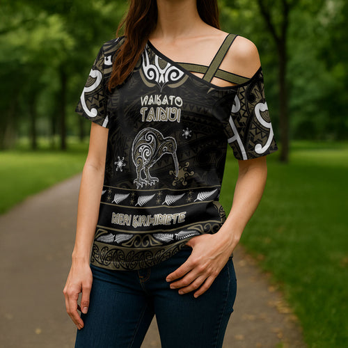 Personalised Waikato Tainui Aotearoa Meri Kirihimete Cross Shoulder Shirt Maori Kiwi Bird Silver Fern Koru Pattern