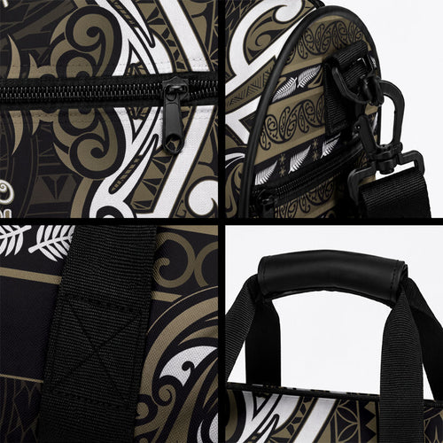 Waikato Tainui Aotearoa Meri Kirihimete Duffle Bag Maori Kiwi Bird Silver Fern Koru Pattern