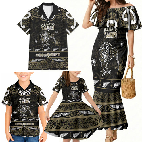Personalised Waikato Tainui Aotearoa Meri Kirihimete Family Matching Mermaid Dress and Hawaiian Shirt Maori Kiwi Bird Silver Fern Koru Pattern