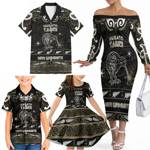 Personalised Waikato Tainui Aotearoa Meri Kirihimete Family Matching Off The Shoulder Long Sleeve Dress and Hawaiian Shirt Maori Kiwi Bird Silver Fern Koru Pattern