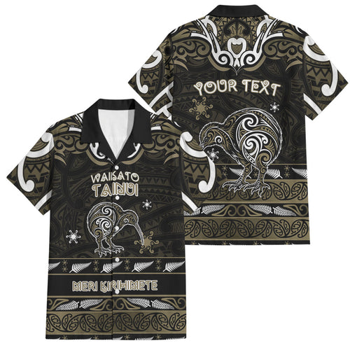 Personalised Waikato Tainui Aotearoa Meri Kirihimete Family Matching Off The Shoulder Long Sleeve Dress and Hawaiian Shirt Maori Kiwi Bird Silver Fern Koru Pattern