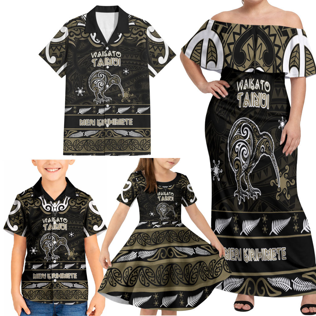 Personalised Waikato Tainui Aotearoa Meri Kirihimete Family Matching Off Shoulder Maxi Dress and Hawaiian Shirt Maori Kiwi Bird Silver Fern Koru Pattern