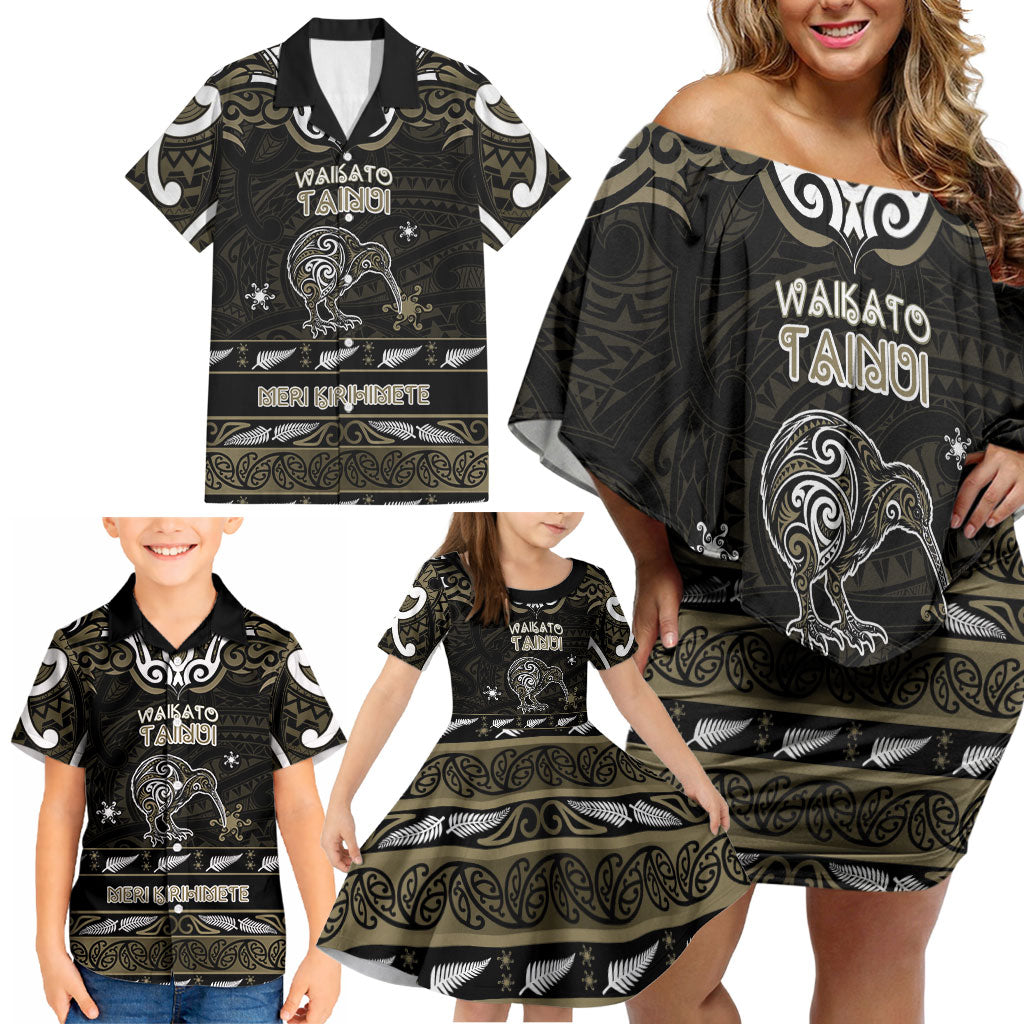 Personalised Waikato Tainui Aotearoa Meri Kirihimete Family Matching Off Shoulder Short Dress and Hawaiian Shirt Maori Kiwi Bird Silver Fern Koru Pattern