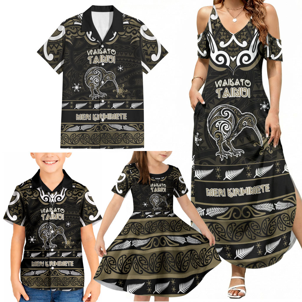 Personalised Waikato Tainui Aotearoa Meri Kirihimete Family Matching Summer Maxi Dress and Hawaiian Shirt Maori Kiwi Bird Silver Fern Koru Pattern