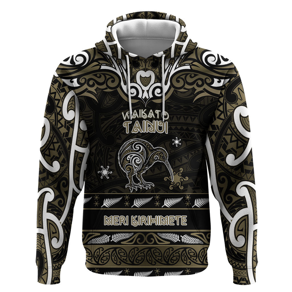 Personalised Waikato Tainui Aotearoa Meri Kirihimete Hoodie Maori Kiwi Bird Silver Fern Koru Pattern