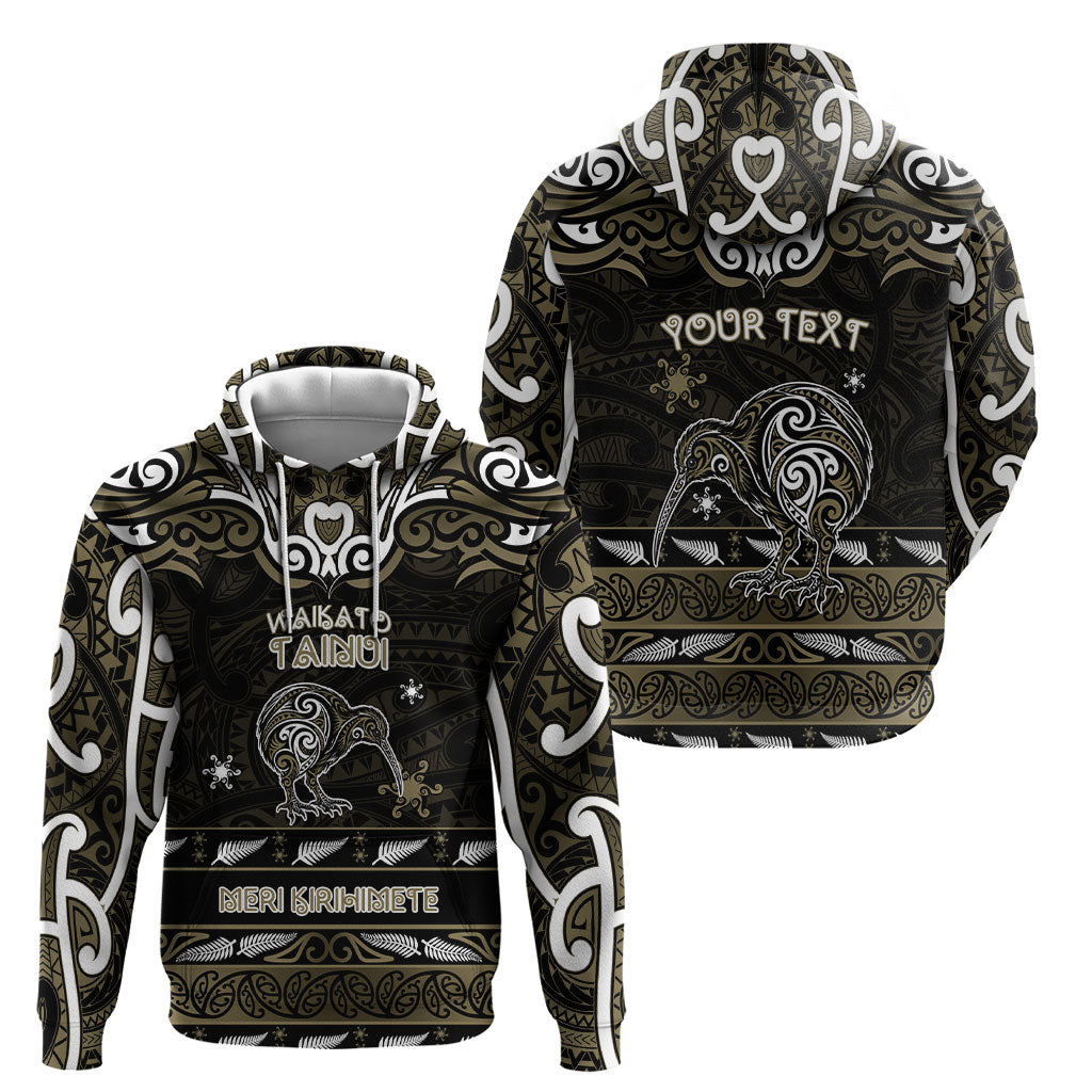 Personalised Waikato Tainui Aotearoa Meri Kirihimete Hoodie Maori Kiwi Bird Silver Fern Koru Pattern