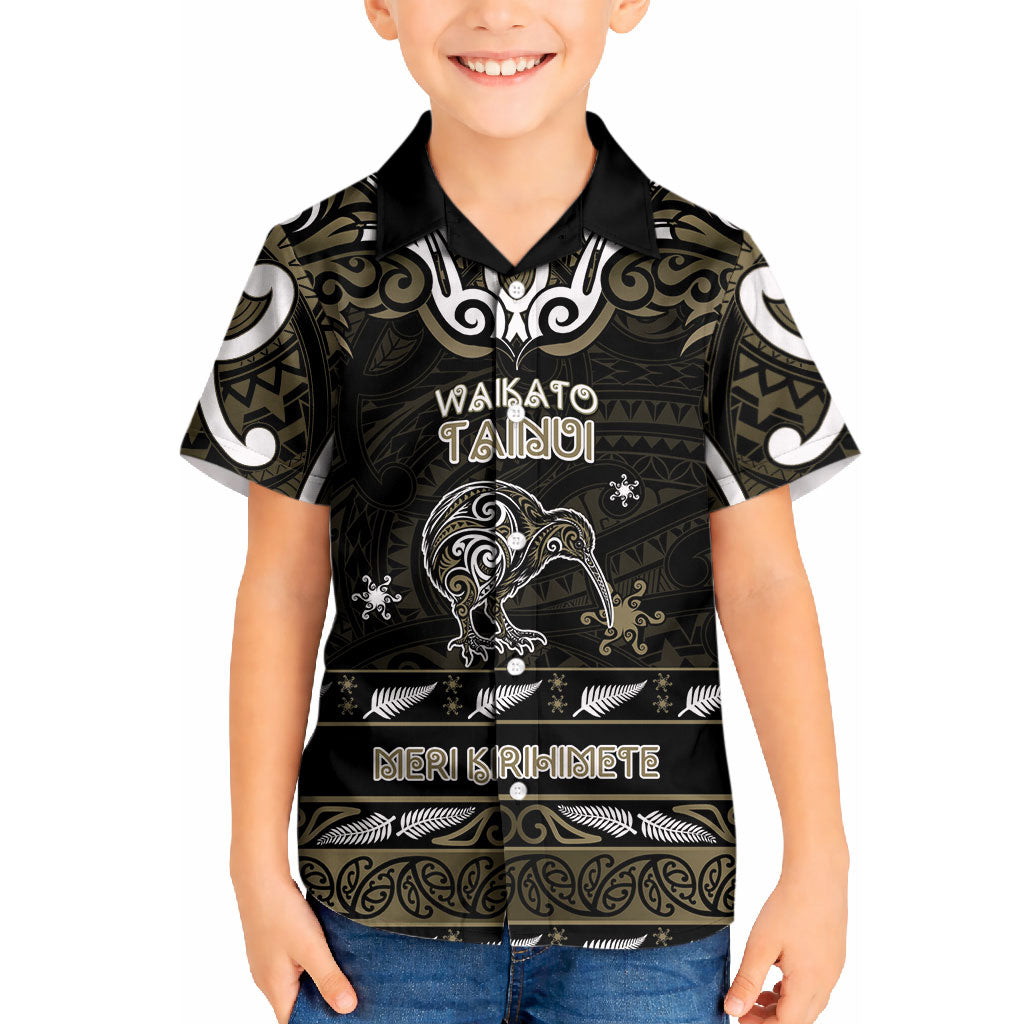 Personalised Waikato Tainui Aotearoa Meri Kirihimete Kid Hawaiian Shirt Maori Kiwi Bird Silver Fern Koru Pattern