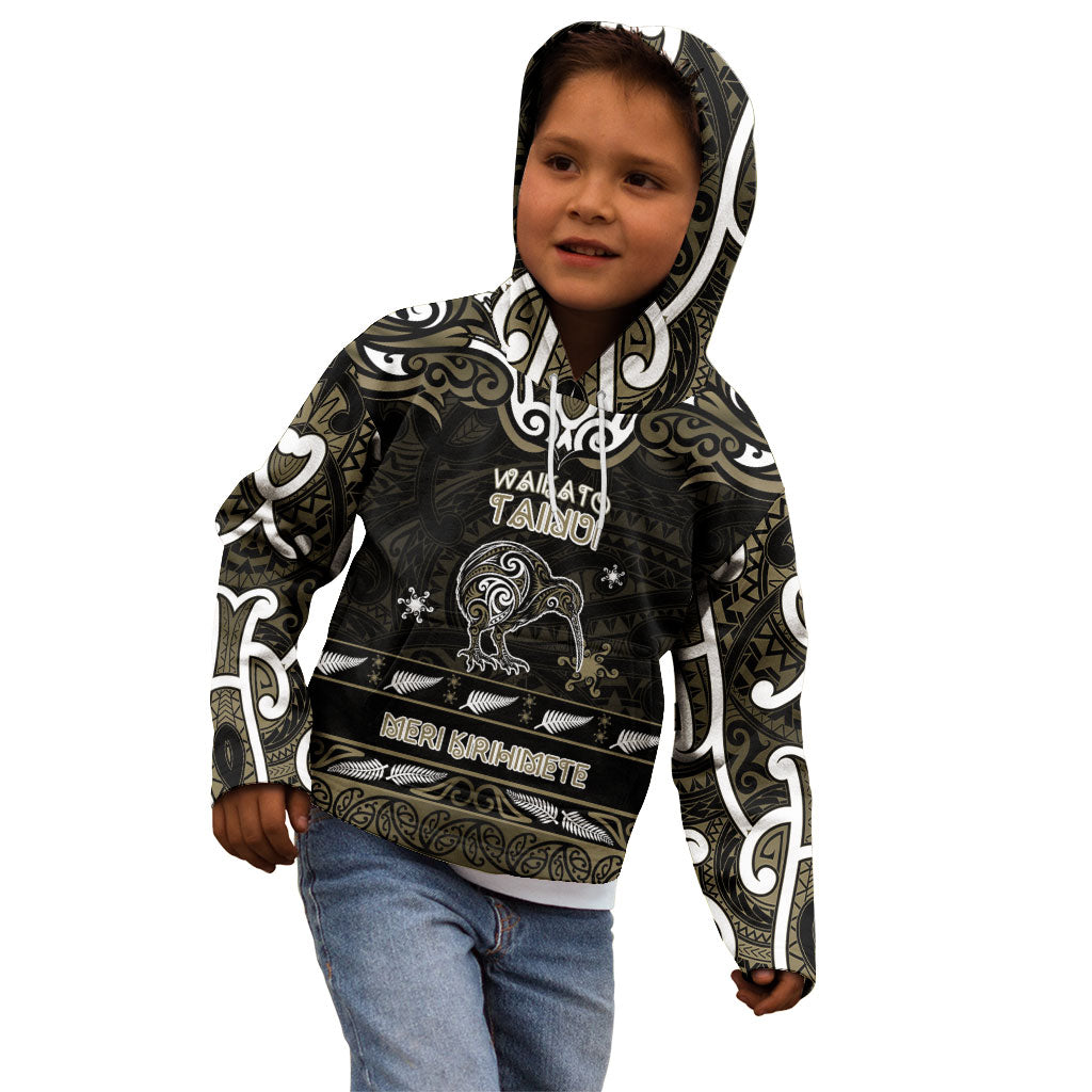 Personalised Waikato Tainui Aotearoa Meri Kirihimete Kid Hoodie Maori Kiwi Bird Silver Fern Koru Pattern
