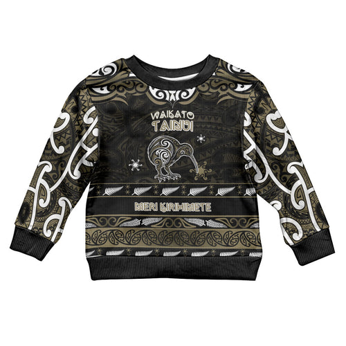 Personalised Waikato Tainui Aotearoa Meri Kirihimete Kid Ugly Christmas Sweater Maori Kiwi Bird Silver Fern Koru Pattern